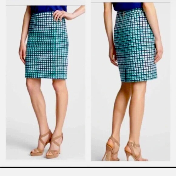 kate spade Dresses & Skirts - Kate Spade Judy Check Pencil Skirt Green Navy Stretch